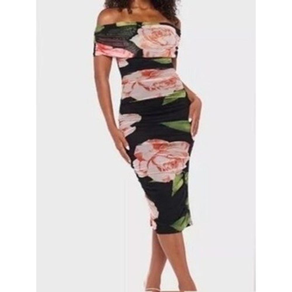 B Darlin Juniors' Printed Mesh Off-The-Shoulder Midi Dress XS Black Peach NWT